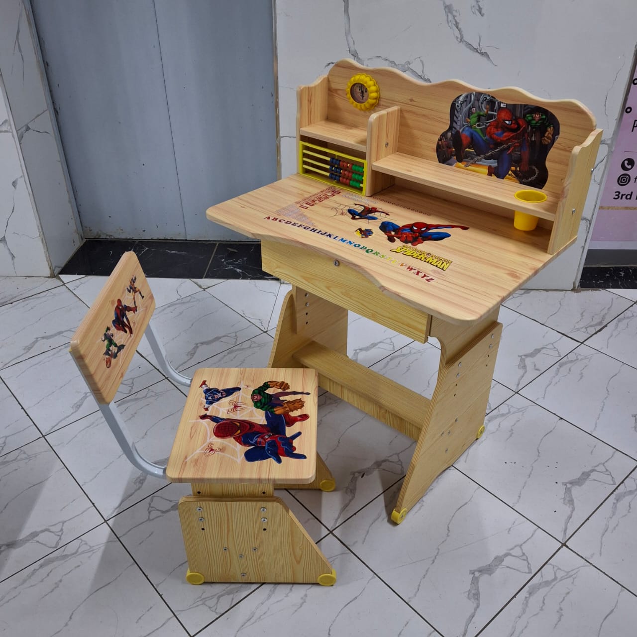 File (32) Wooden Kids Study Table with Chair – Children’s School Desk with Storage Shelf, Drawer and Abacus - Image 1