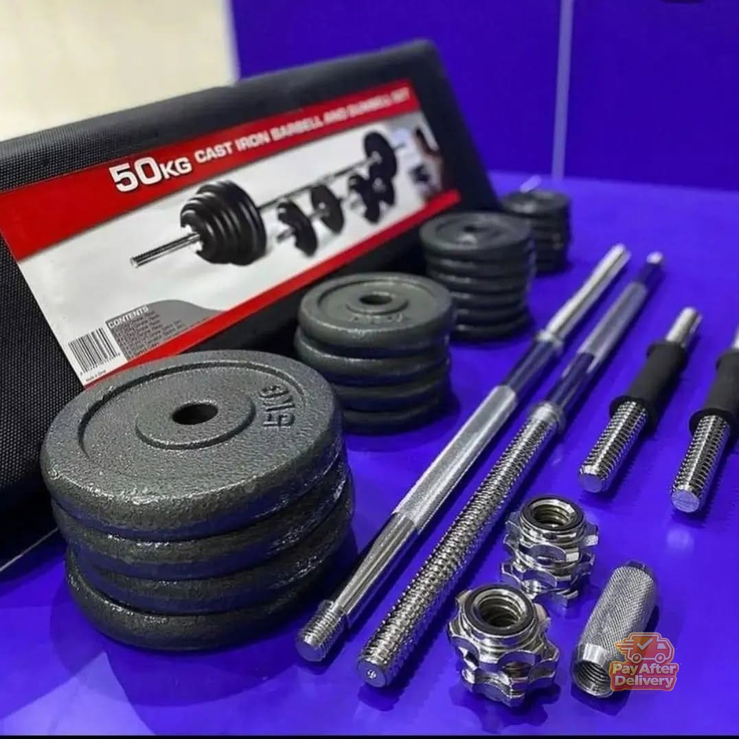 484073814_657084150415201_8448503070650264671_n 50KG Adjustable Dumbbell & Barbell Set Kenya – Cast Iron Weights, Weight Plates, Spinlock Collars & Storage Case - Image 1