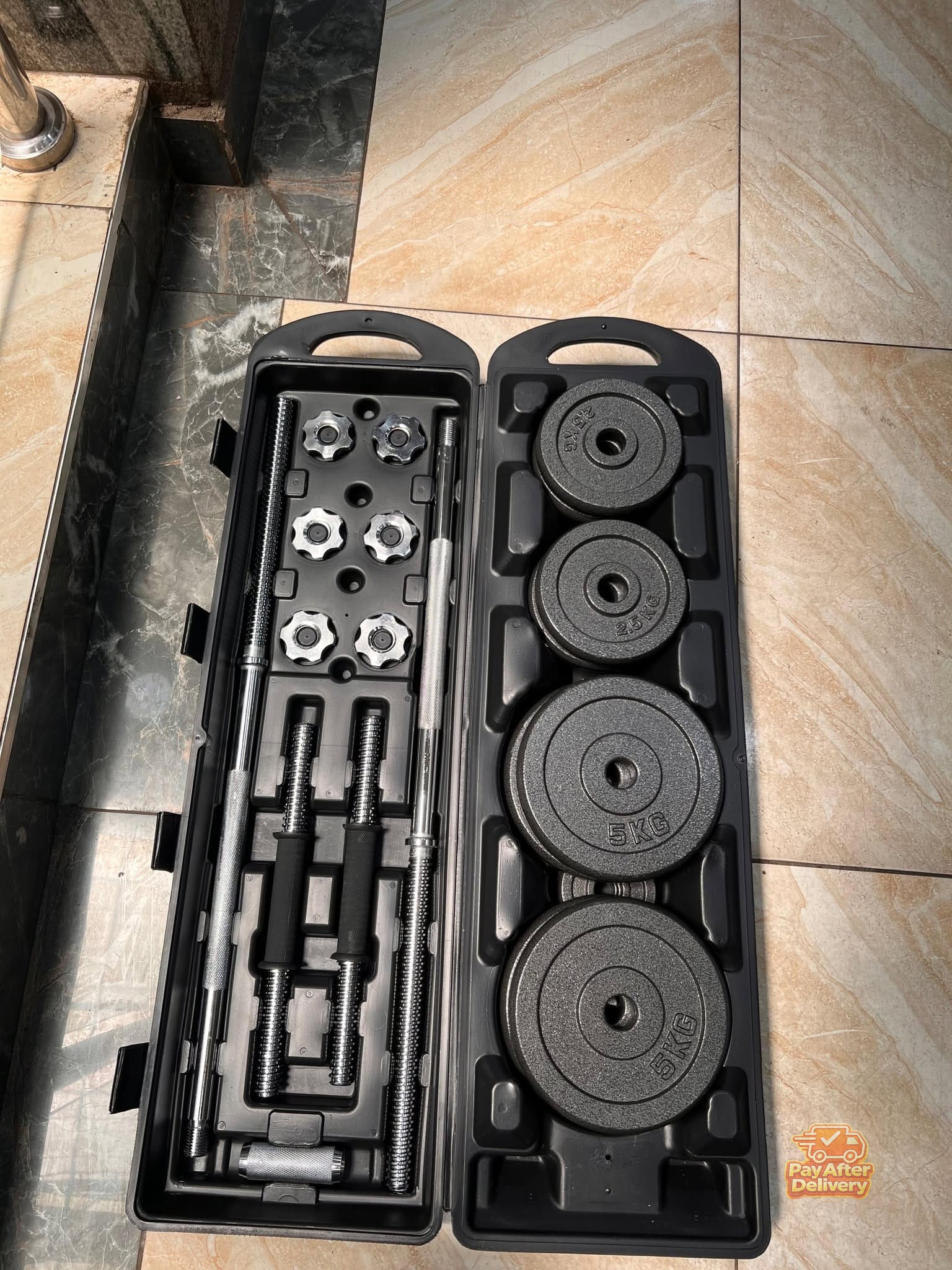 540686003_756545030456438_5374847838458900344_n 50KG Adjustable Dumbbell & Barbell Set Kenya – Cast Iron Weights, Weight Plates, Spinlock Collars & Storage Case (Copy) - Image 1