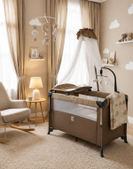 Adjustable Foldable Baby Playpen Travel Cot with Canopy Mosquito Net, Baby Mobile Toy Bar, Soft Mattress, Breathable Mesh Windows and Easy-Move Wheels - Image 2