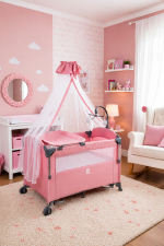 Adjustable Foldable Baby Playpen Travel Cot with Canopy Mosquito Net, Baby Mobile Toy Bar, Soft Mattress, Breathable Mesh Windows and Easy-Move Wheels - Image 3