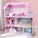 New Wooden Dolls House for Kids – Large 3 Storey Pink Dollhouse for Girls with Multiple Rooms, Pretend Kitchen, Bedroom and Living Room - Image 2