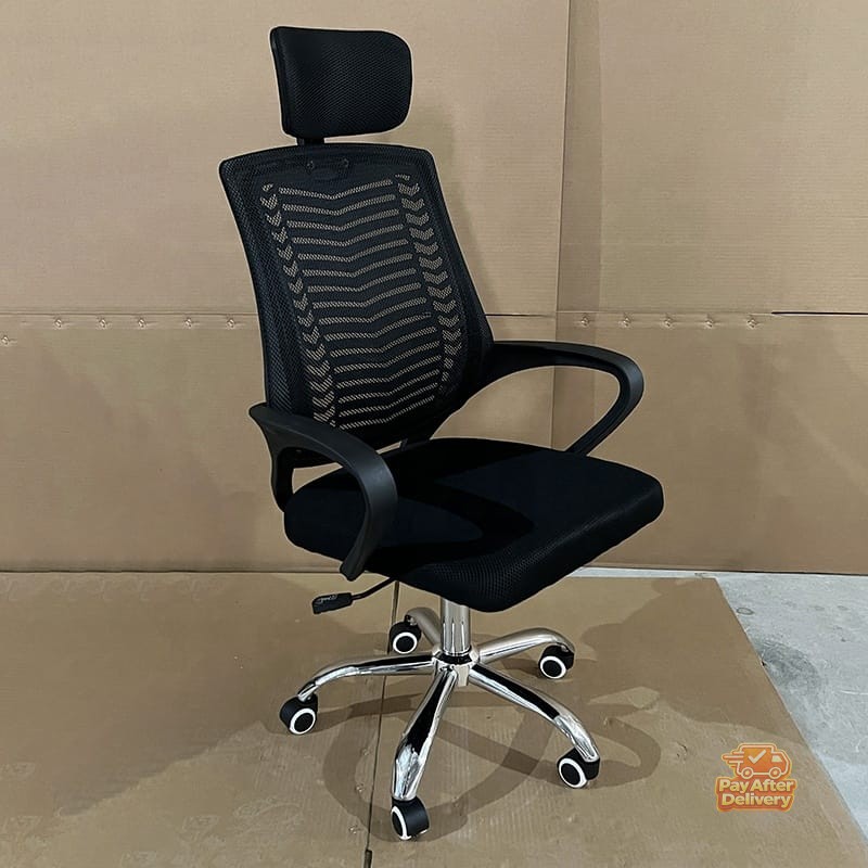 He76536aa6ec645dfaf682ba10e0e5a7bv Ergonomic High-Back Office Chair with Headrest – Breathable Mesh Back Support, Fabric-Cushioned Swivel Seat and Strong Wheeled Base - Image 1