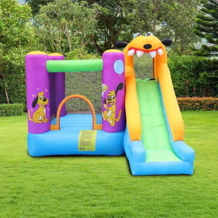 Kids Inflatable Playground Bounce House with Climbing Wall, Spacious Jumping Area and Long Slide – Puppy Cartoon Bouncy Castle for Backyard Play, Parties, Events and Family Entertainment