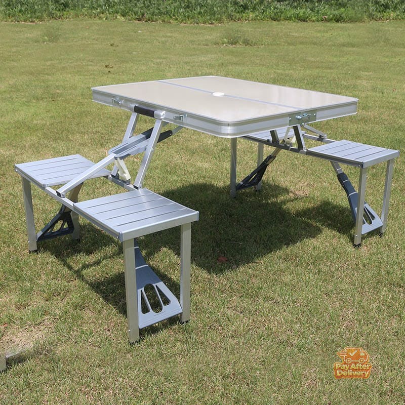 WF-JYF-011-2 4-Seater Foldable Camping Picnic Table with 4 Built-In Chairs, Aluminum Frame, Umbrella Hole and Portable Suitcase Design for BBQ, Outdoor Dining and Family Picnics - Image 1