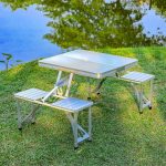 4-Seater Foldable Camping Picnic Table with 4 Built-In Chairs, Aluminum Frame, Umbrella Hole and Portable Suitcase Design for BBQ, Outdoor Dining and Family Picnics