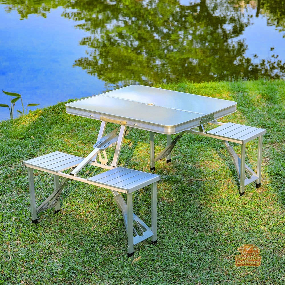 s-l1200 (4) 4-Seater Foldable Camping Picnic Table with 4 Built-In Chairs, Aluminum Frame, Umbrella Hole and Portable Suitcase Design for BBQ, Outdoor Dining and Family Picnics - Image 1