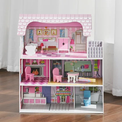 New Wooden Dolls House for Kids – Large 3 Storey Pink Dollhouse for Girls with Multiple Rooms, Pretend Kitchen, Bedroom and Living Room