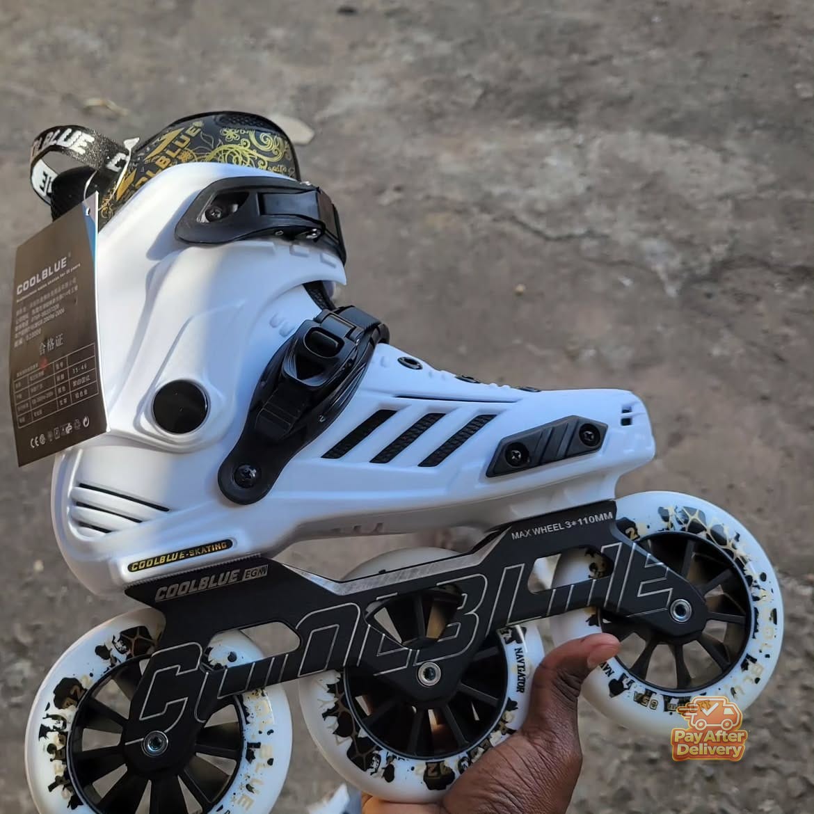 3×110mm skates available @10,500-= only.07.90.843756 (4) Professional 3-Wheel Inline Speed Skates 110mm – Hard Boot Speed Roller Skating Shoes for Men & Women, Available in Black & White Sizes 35–4 - Image 1
